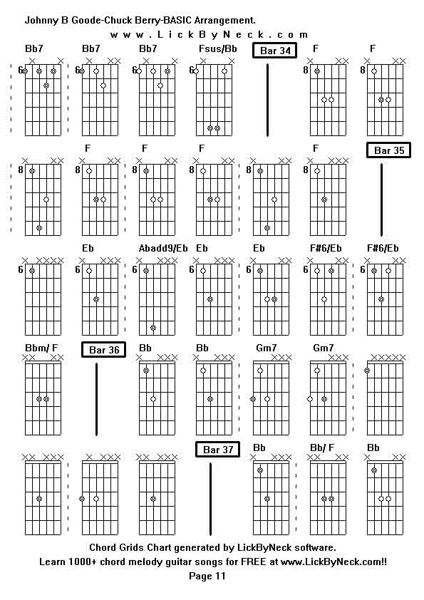 Chord Grids Chart of chord melody fingerstyle guitar song-Johnny B Goode-Chuck Berry-BASIC Arrangement,generated by LickByNeck software.